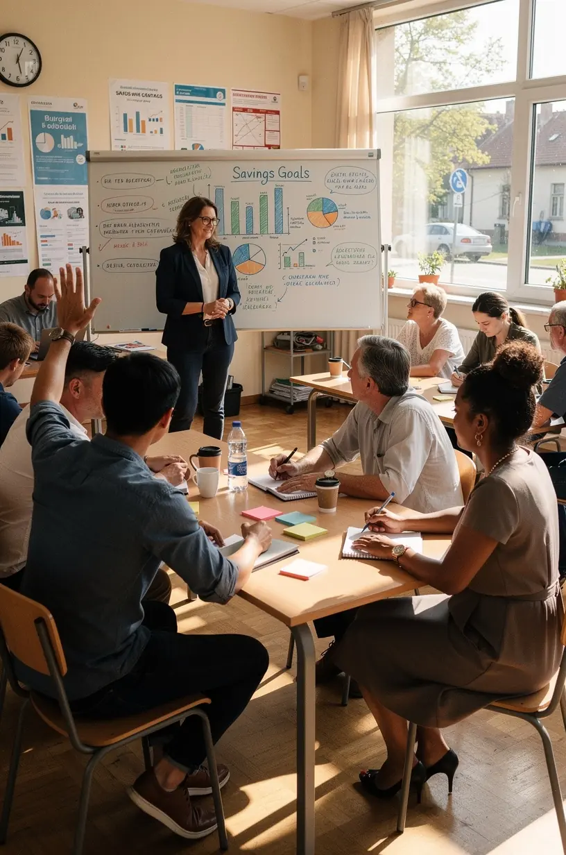 Személyes pénzügyi alapok oktatása élő tanfolyamon résztvevőkkel egy modern oktatóteremben.